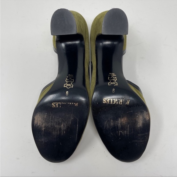 John Fluevog Miracles Cana Olive Green Suede Pumps Black Patent Details Size 9 - Picture 6 of 10